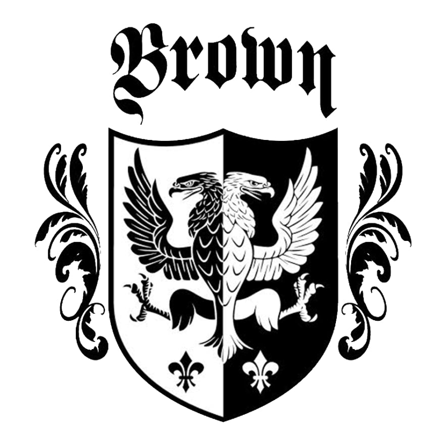 Brown family crest displaying a shield with a two-headed eagle and floral elements.