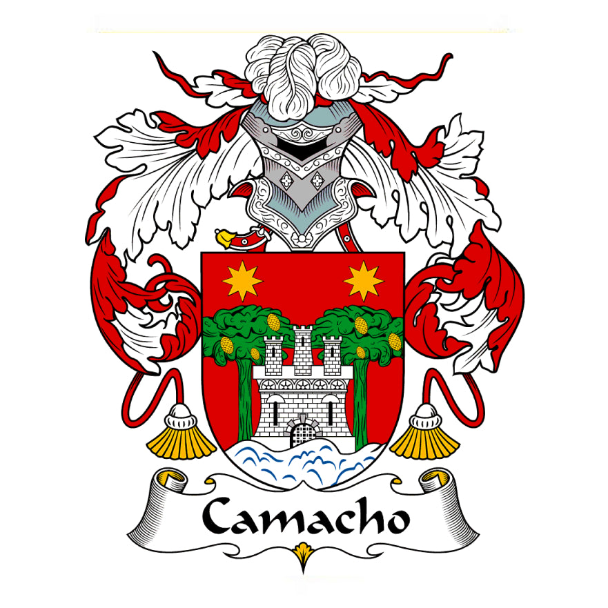 Camacho family crest showcasing a castle, trees, and stars.