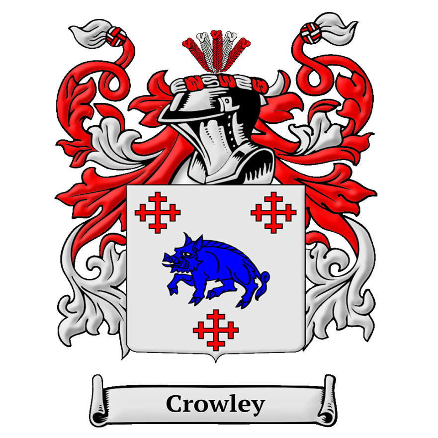 Crowley family crest with a blue boar and red crosses on a white shield.