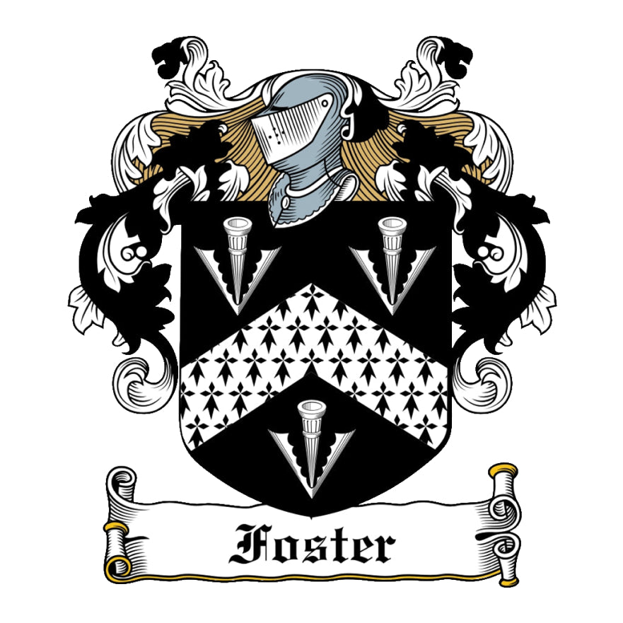 Foster family crest featuring a chevron with black-and-white patterns.