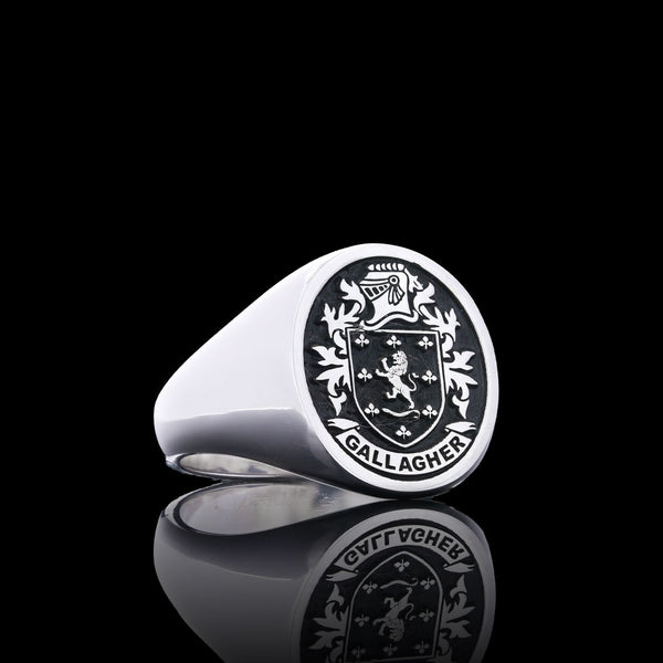 Silver ring featuring the Gallagher family crest, honoring pride and ancestral lineage.