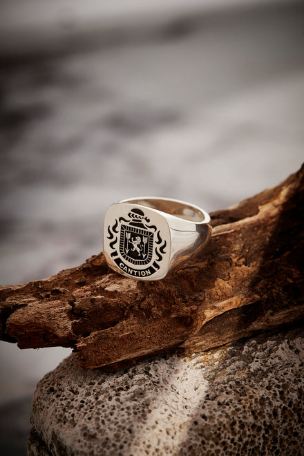 A sterling silver signet ring with a family crest on weathered wood.