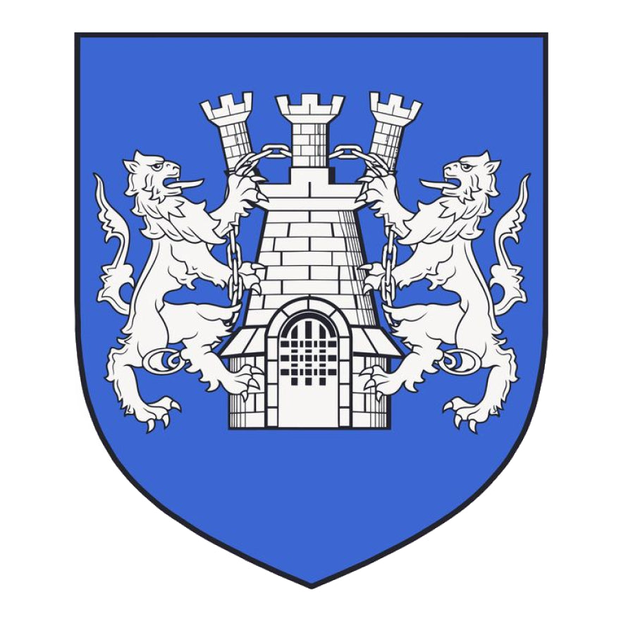 Kelly family crest with a blue castle flanked by lions on a shield.