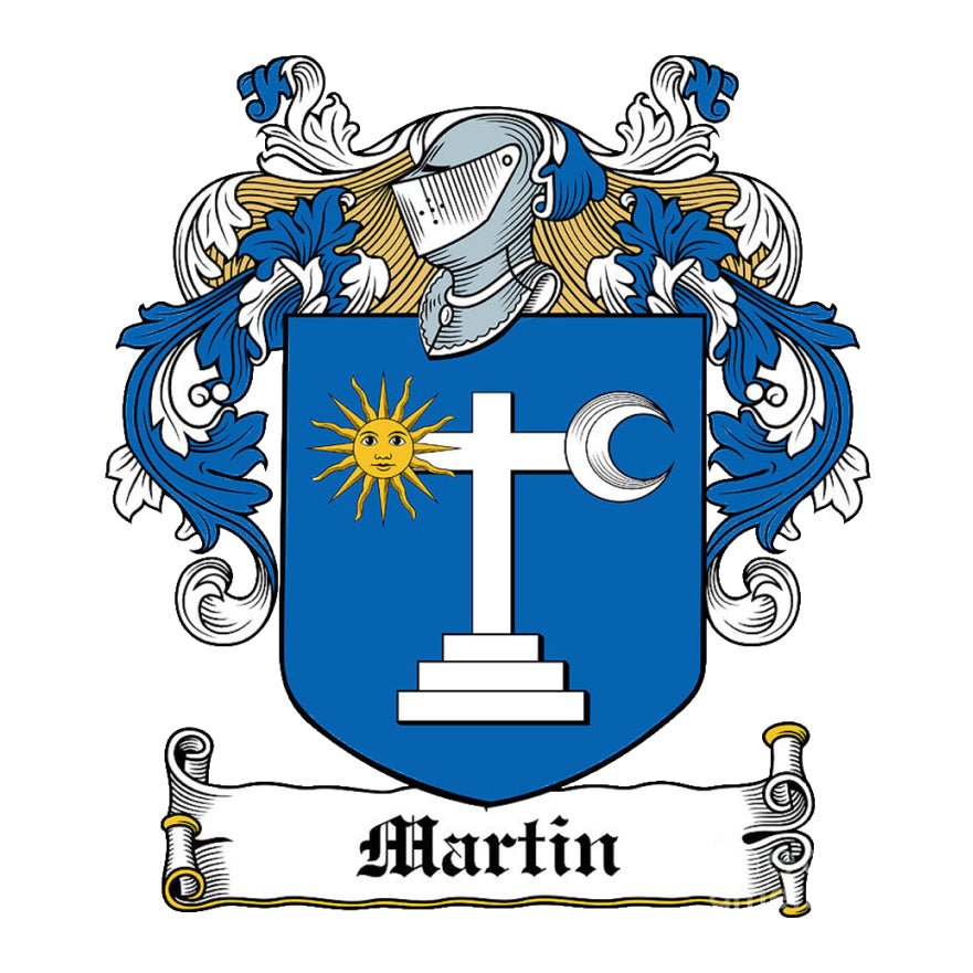 Martin family crest with a cross, sun, and crescent moon.