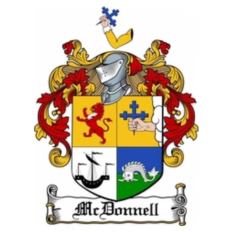 McDonnell family crest displaying a four-quadrant shield with symbols like a lion and ship.