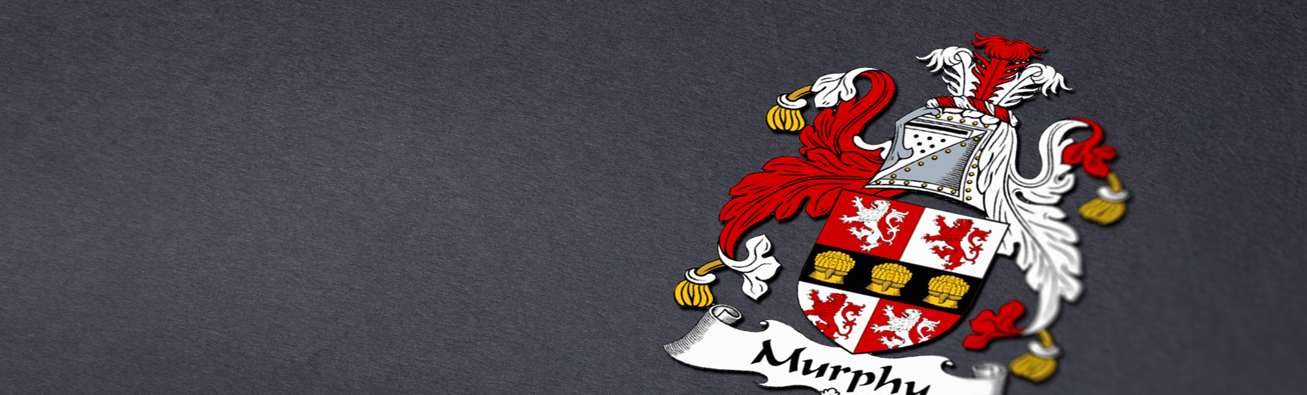 Murphy family crest on a dark gray background, showing lions and sheaves of wheat on a red and white shield.