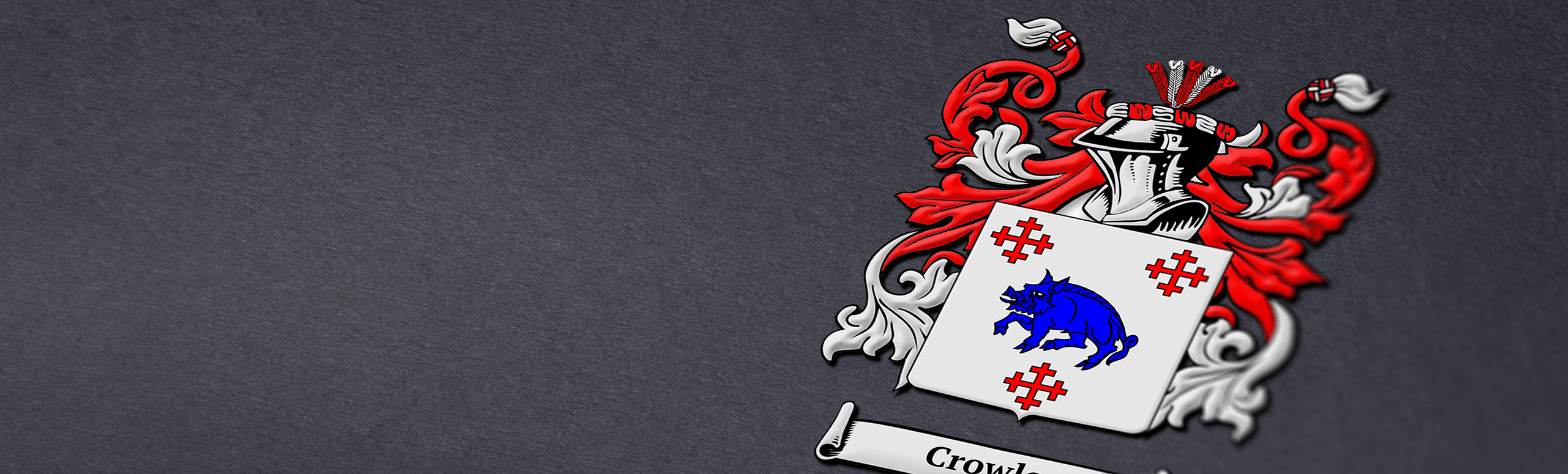 Crowley family crest on a dark gray background, with a blue boar on a white shield surrounded by red crosses.