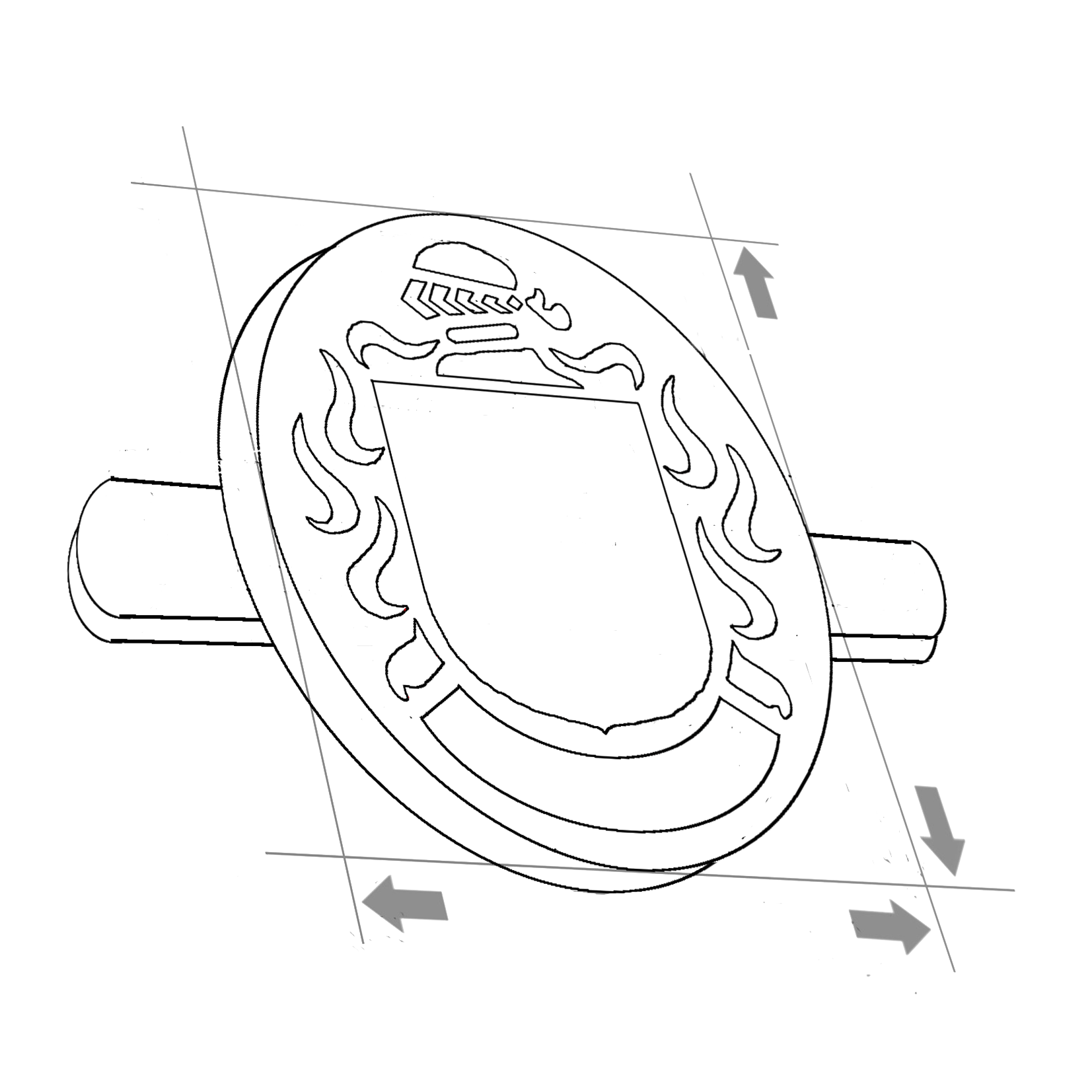 Technical sketch of a cufflink featuring a shield crest design, with arrows indicating dimensions and layout.