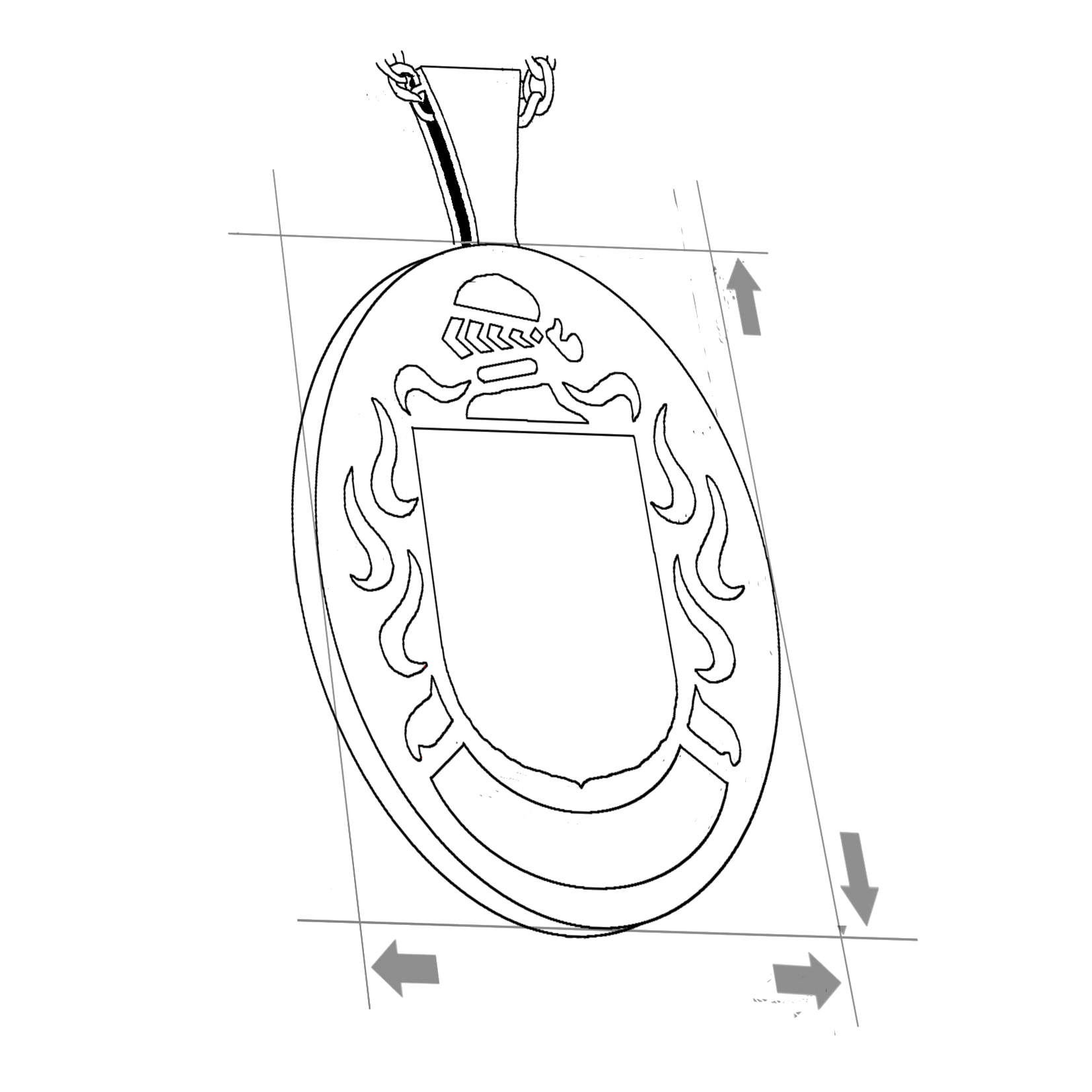 Technical drawing of a pendant with a shield crest template, showing measurements and angles.