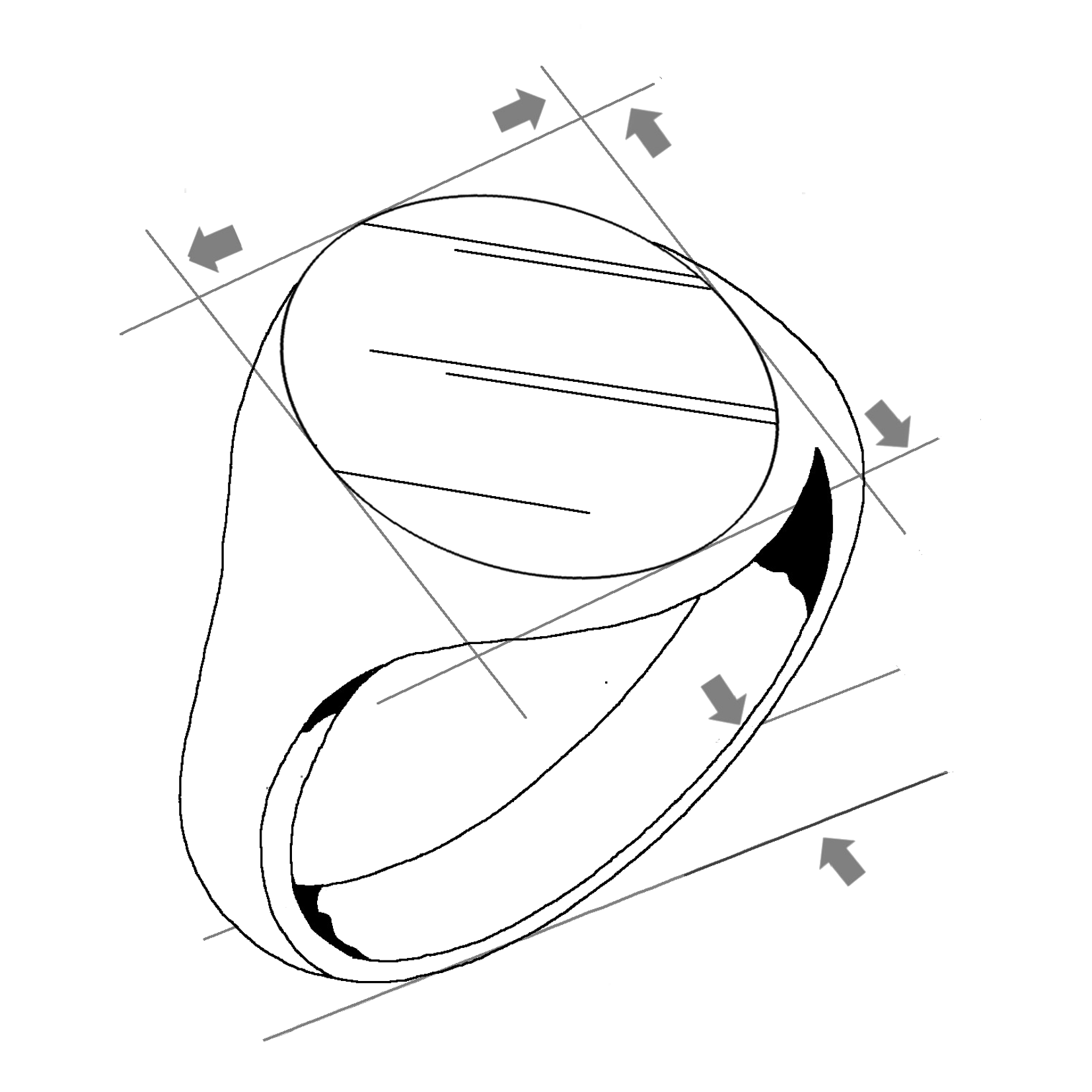 Technical sketch of a signet ring design with directional arrows indicating dimensions and angles.