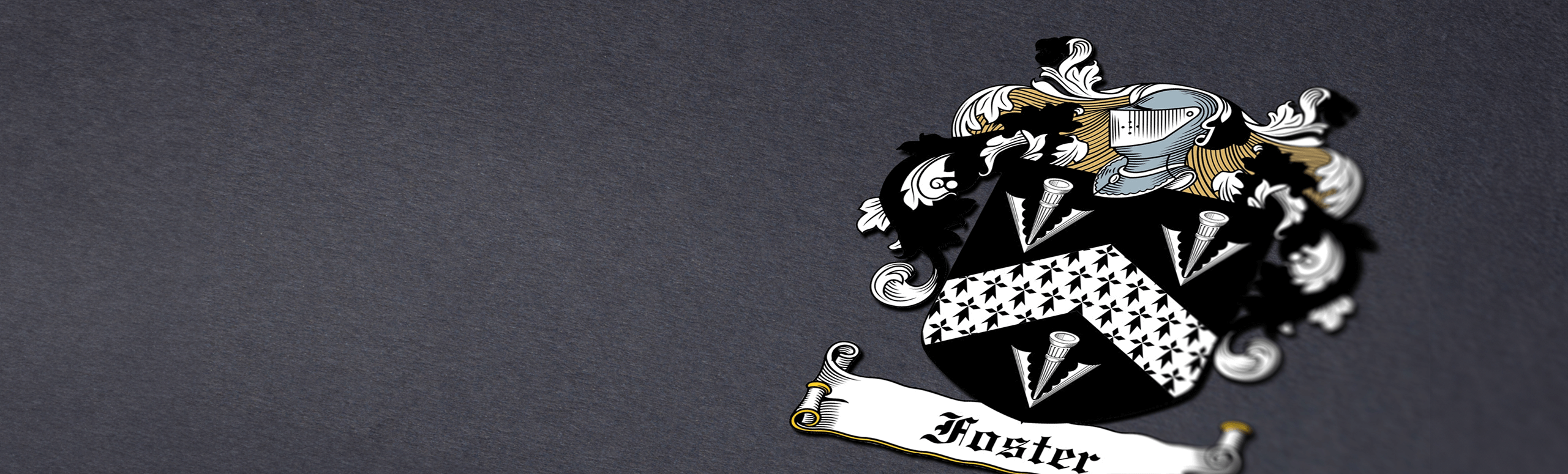 Foster family crest on a dark gray background, featuring a black and white shield with a chevron pattern.