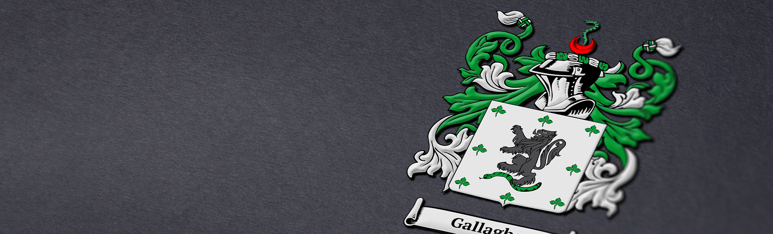 Gallagher family crest on a dark gray background, with a lion and snake on a white shield and green clovers.