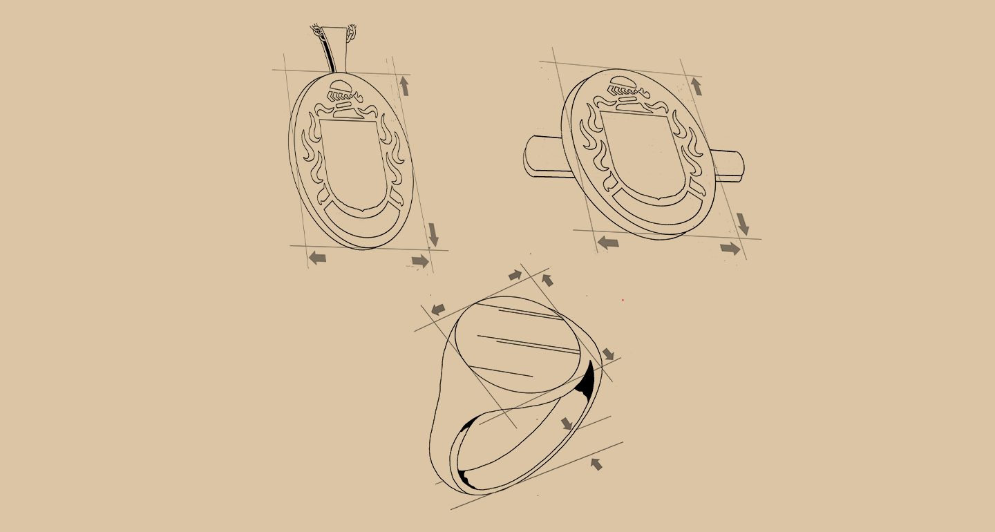 Technical sketches of a pendant, cufflink, and signet ring with crest designs.