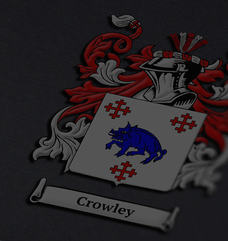 Crowley family crest on a dark gray background, with a blue boar on a white shield surrounded by red crosses.