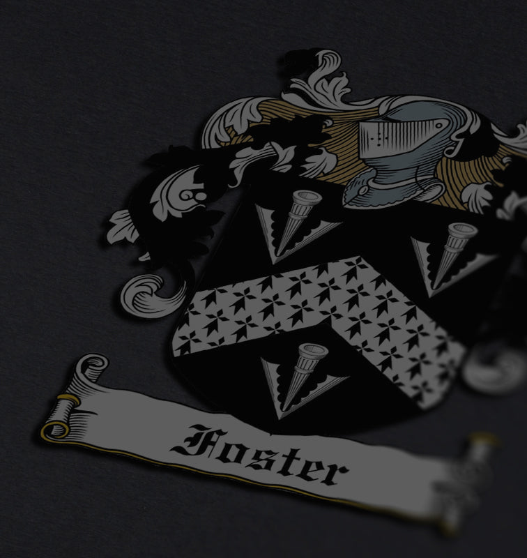 Foster family crest on a dark gray background, featuring a black and white shield with a chevron pattern.