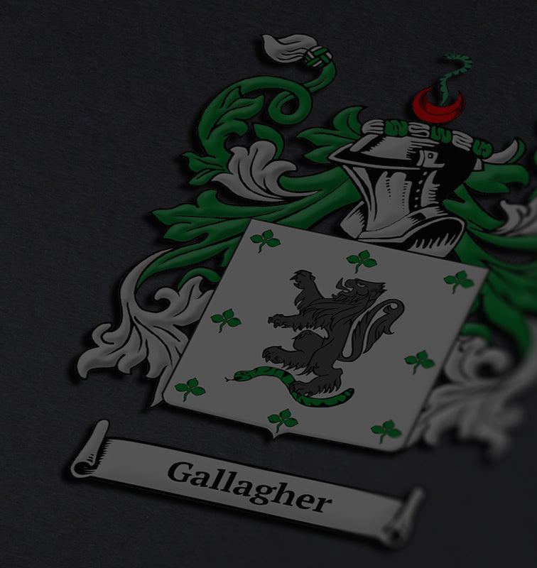 Gallagher family crest on a dark gray background, with a lion and snake on a white shield and green clovers.