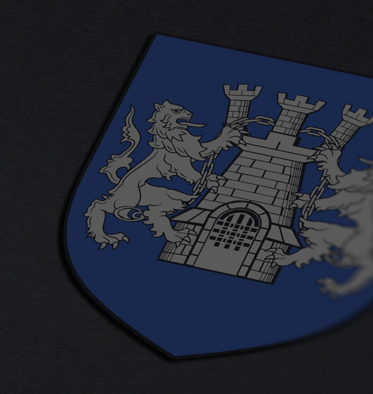 Kelly family crest on a dark gray background, showing a red lion and crescent moon on a blue shield.