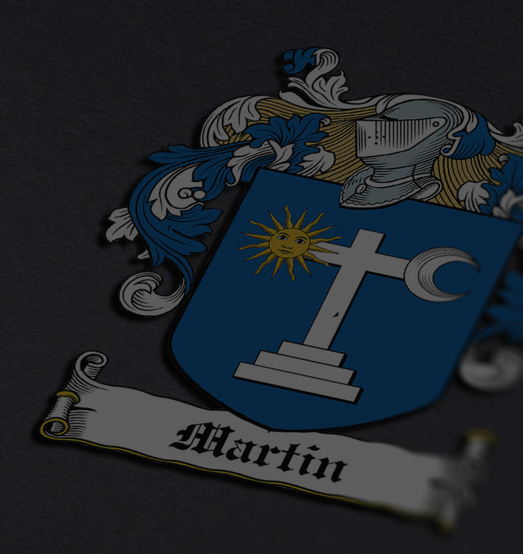 Martin family crest on a dark gray background, showing a cross with a sun and moon on a blue shield.