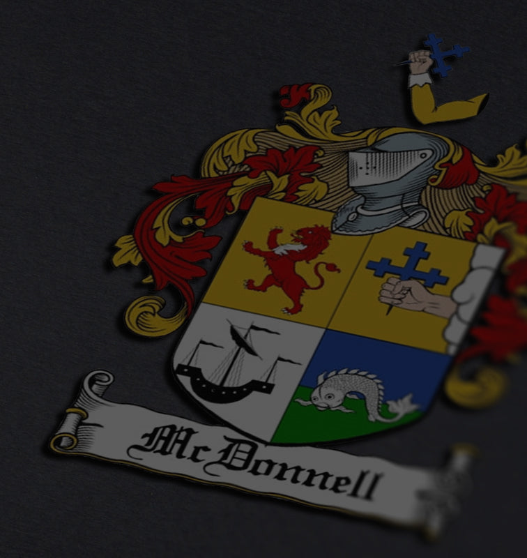 McDonnell family crest on a dark gray background, featuring a quartered shield with red, blue, and gold designs.