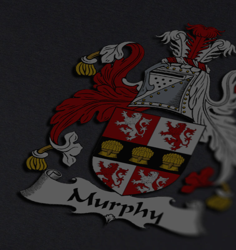 Murphy family crest on a dark gray background, showing lions and sheaves of wheat on a red and white shield.