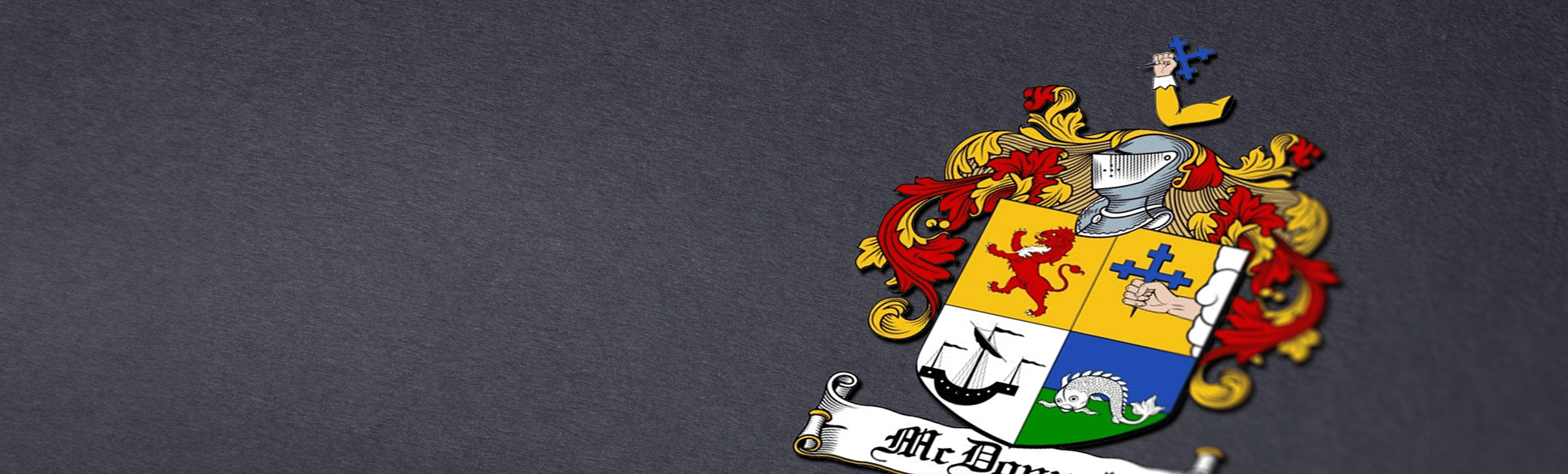 McDonnell family crest on a dark gray background, featuring a quartered shield with red, blue, and gold designs.