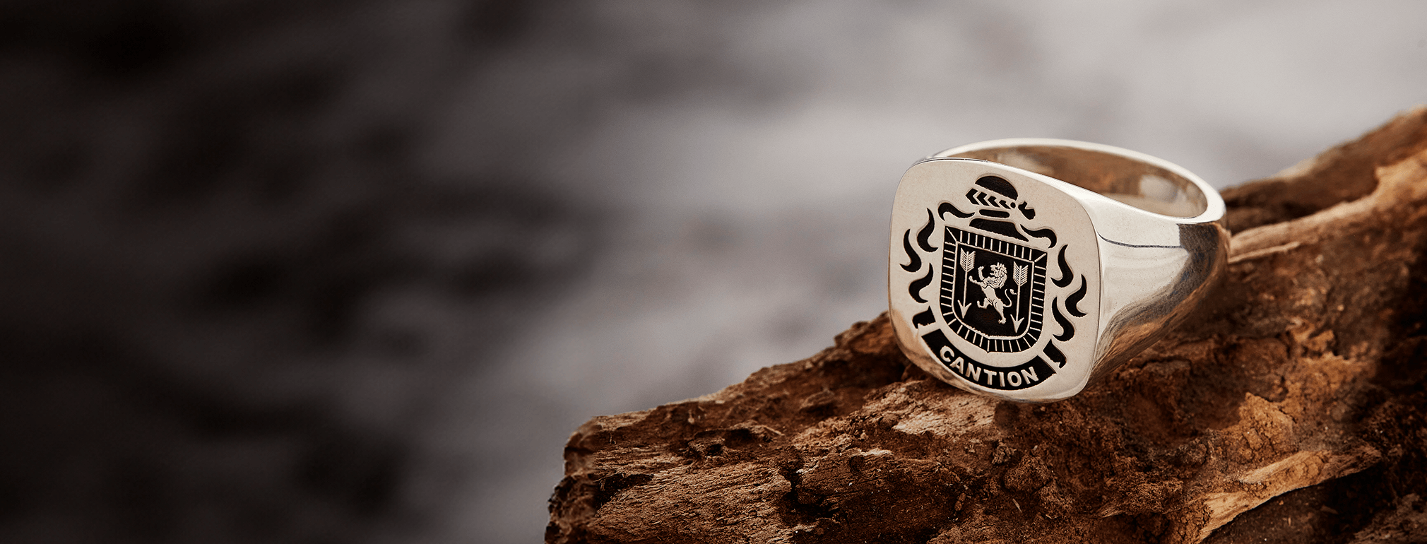 Sterling silver signet ring with the CANTION family crest and name, on rugged wood with a blurred background.