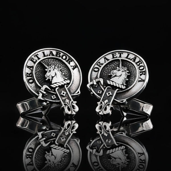 Engraved Clan Crest Silver Cufflinks with Ora et Labora moto, featuring unicorn designs.