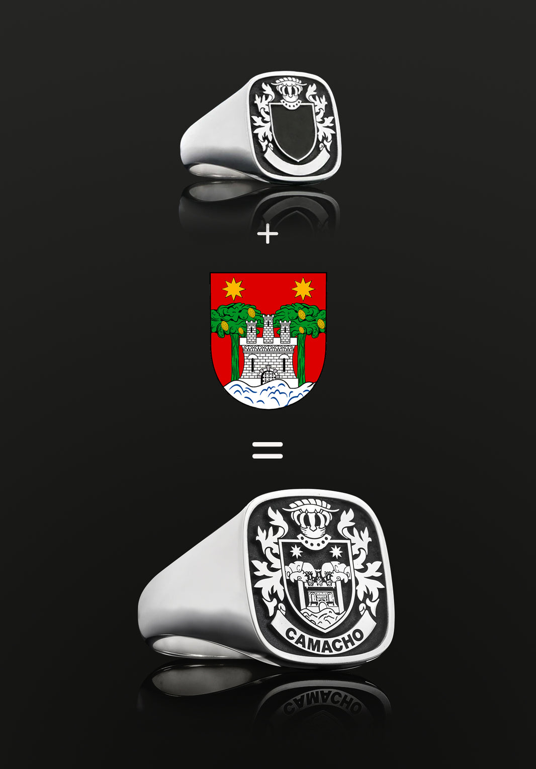 A silver signet ring combined with the Camacho family crest, resulting in an engraved ring.