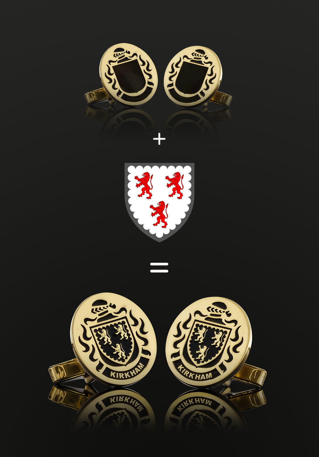 Gold cufflinks paired with the Kirkham family crest, resulting in engraved cufflinks.